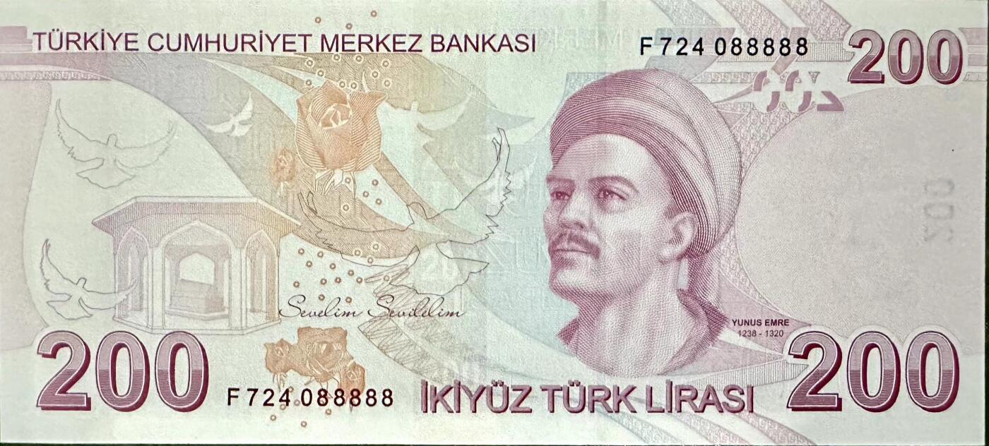《外钞收藏家》第三百八十三期 全新UNC 土耳其200里拉 2009年 F724冠 数二 大象88888