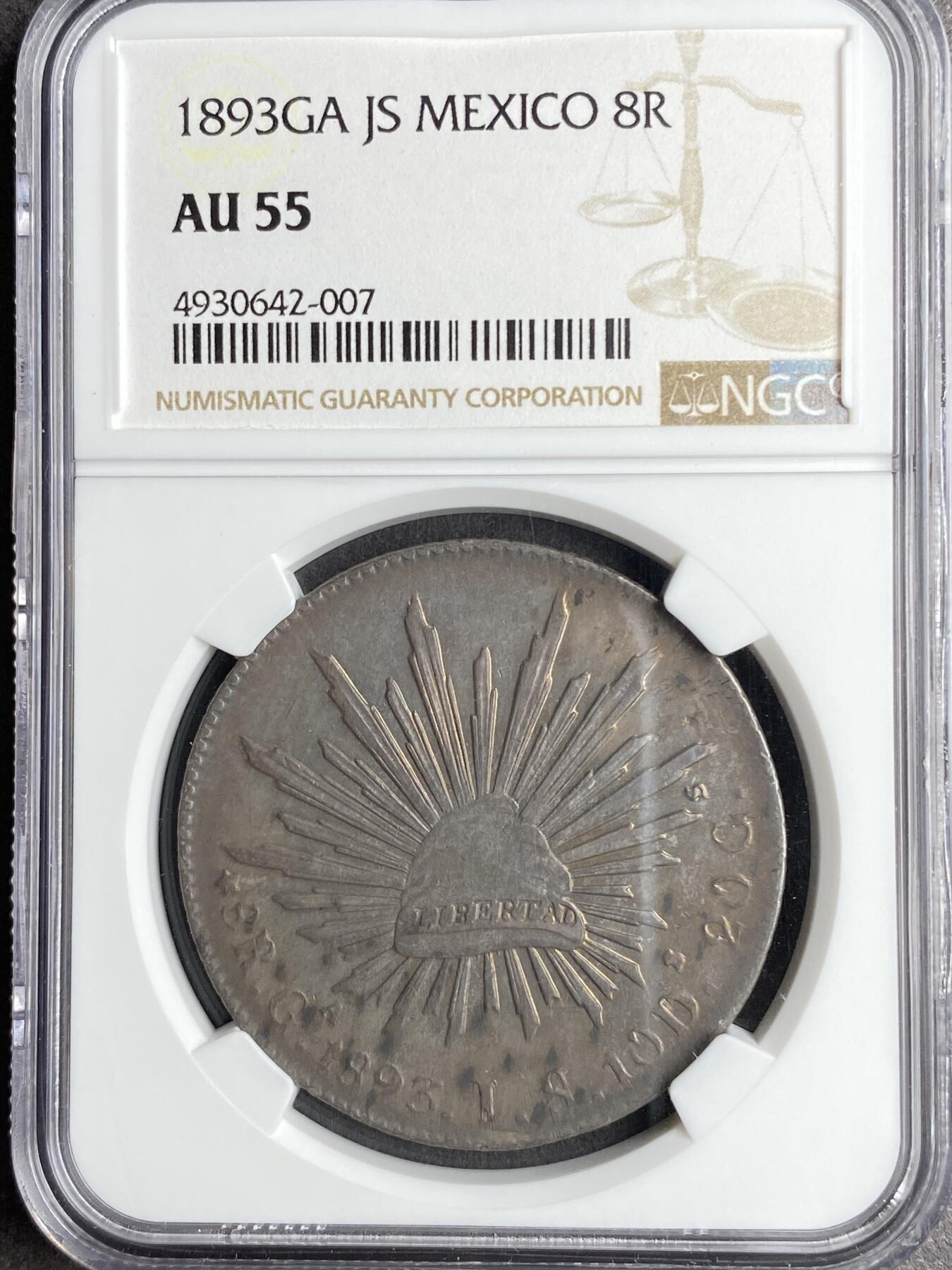 万国钱币拍卖第028期（花前月下●同享良章美币） NGC AU55 1893年墨西哥GA厂8R鹰洋 全毛黑红彩