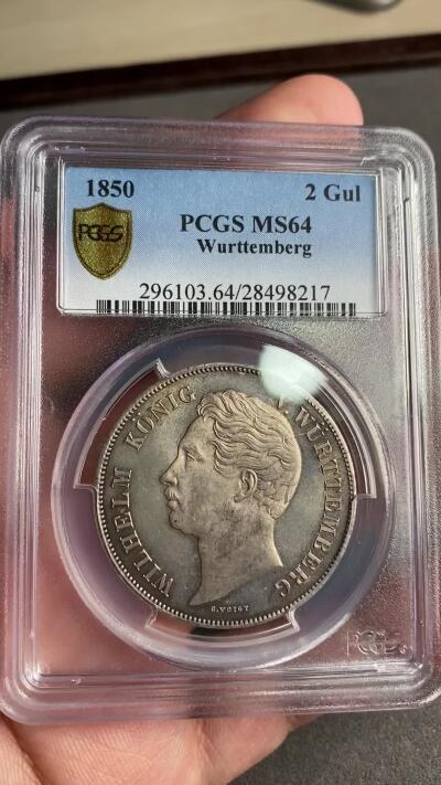 万国钱币拍卖第028期（花前月下●同享良章美币） PCGS MS64 1850年德国符腾堡狮鹿2古尔登大银币 粉光和镜面霜感非常明显 BU级别难度极大的2盾品种 PC老评亚军 更高分仅一枚