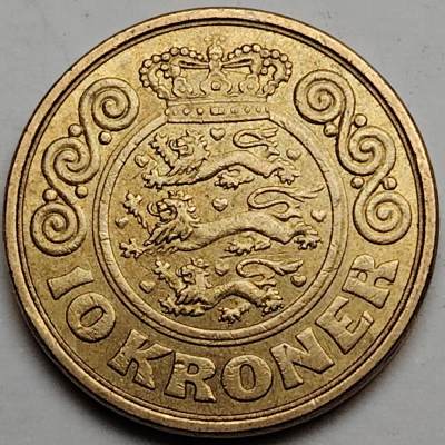 布加迪🐬～世界钱币(上海)🌾第 128 期 /  丹麦🇩🇰🇬🇧🇨🇦🇨🇻等各国币及散币 - 丹麦🇩🇰 1989年 10克朗 玛格丽特二世头像～2