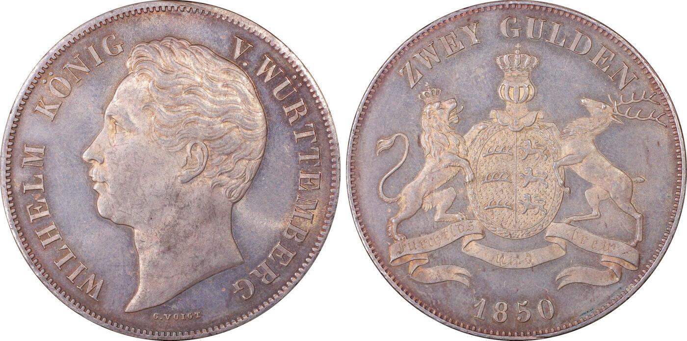 万国钱币拍卖第028期（花前月下●同享良章美币） PCGS MS64 1850年德国符腾堡狮鹿2古尔登大银币 粉光和镜面霜感非常明显 BU级别难度极大的2盾品种 PC老评亚军 更高分仅一枚