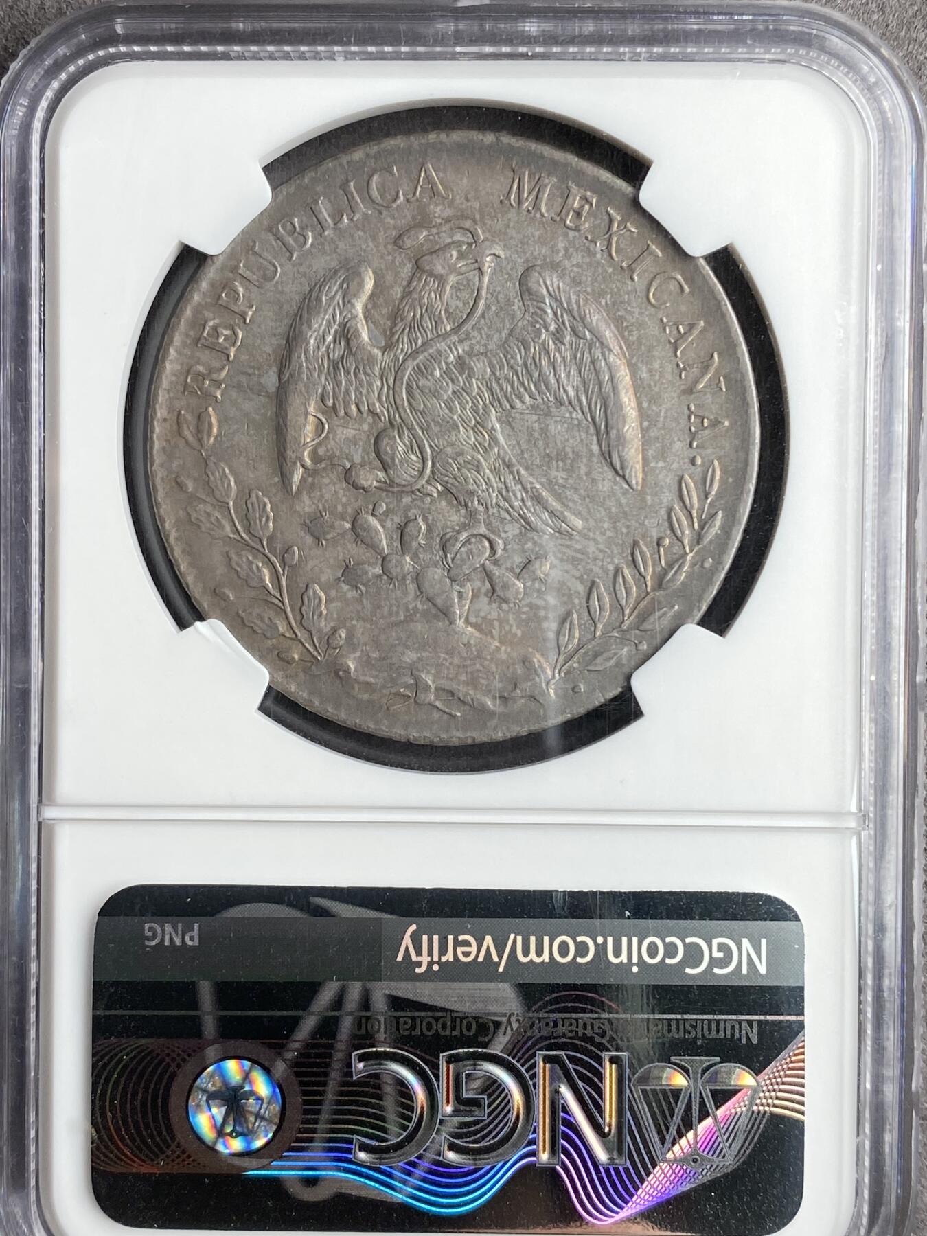 万国钱币拍卖第028期（花前月下●同享良章美币） NGC AU55 1893年墨西哥GA厂8R鹰洋 全毛黑红彩