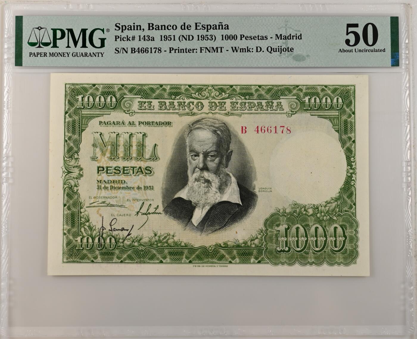 收藏联盟Quantum Auction 第356期拍卖  西班牙1951年1000比塞塔 PMG50  西班牙画家 华金 世界名画《瓦伦西亚的婚礼》