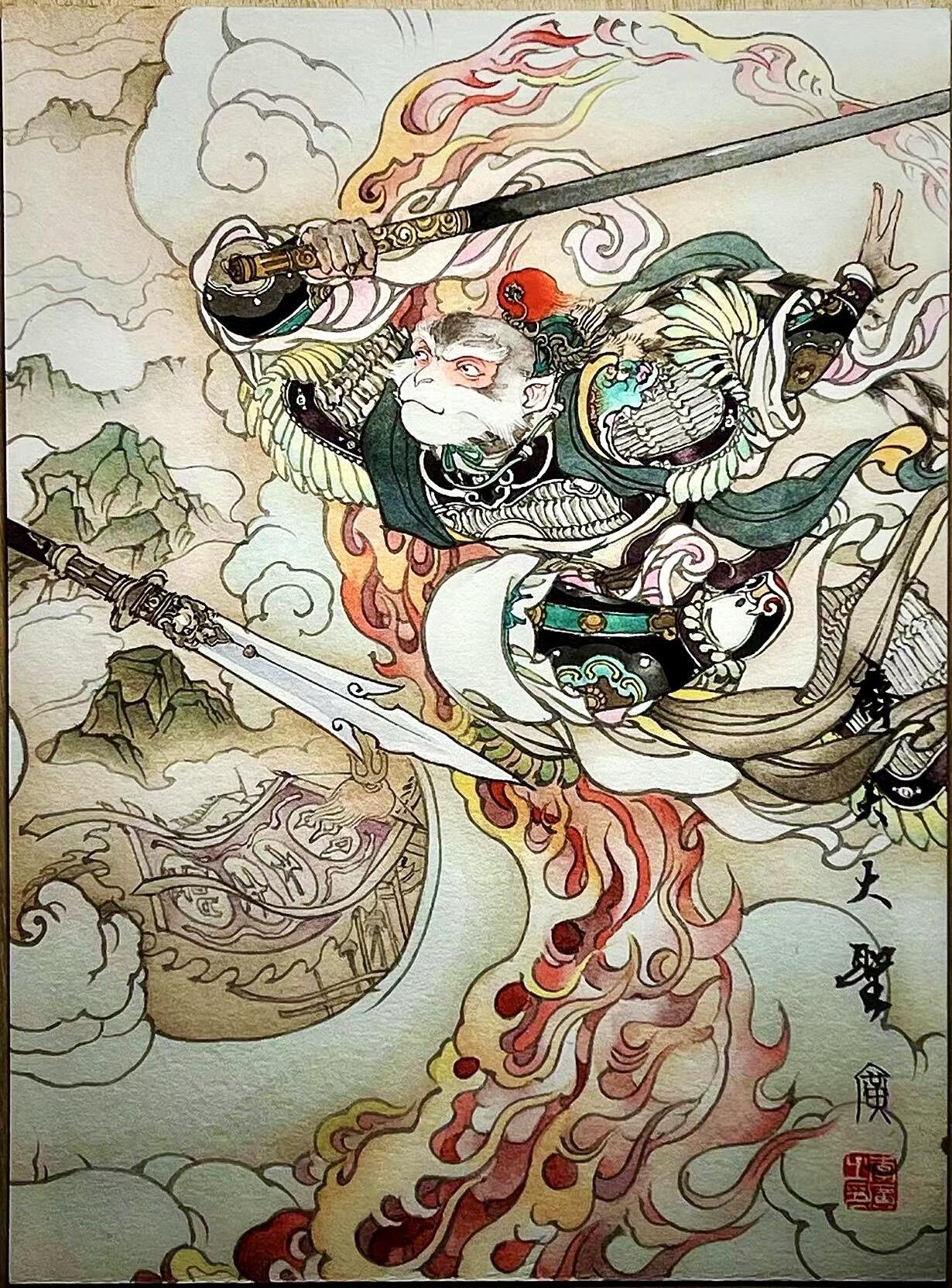 白泽拍卖卡牌专场第4期（六月精阳） 2024 李广手绘画拼图 小圣战大圣 孙悟空 19cm*13.5cm