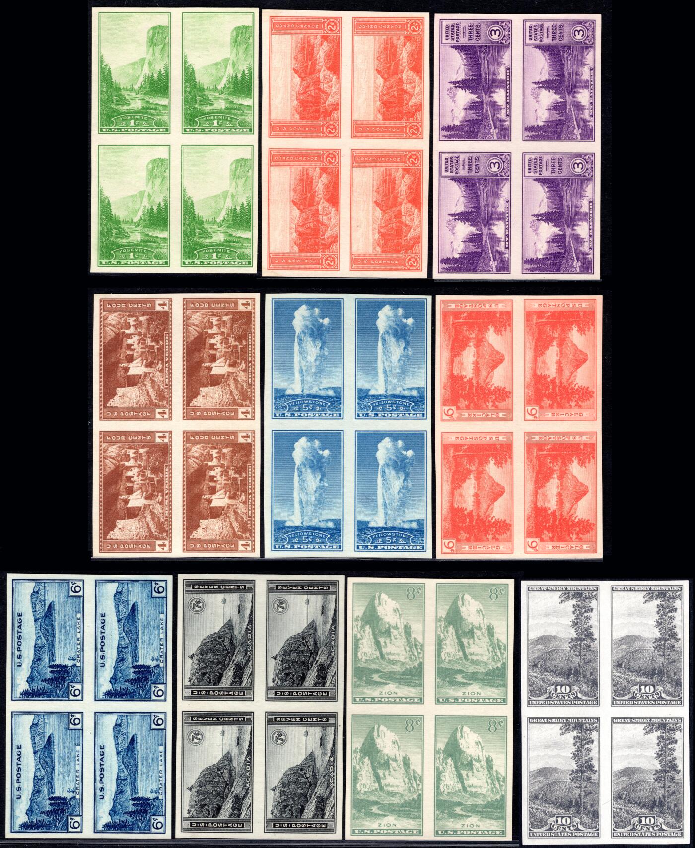 洪涛臻品批发群 精选邮票限时拍卖第六百六十一期  美国1934国家公园邮票10全新 无齿新票四方联 