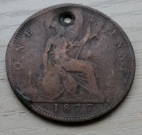 招财猫的储钱罐硬币拍卖第13场 英国1877年一便士老铜币带孔