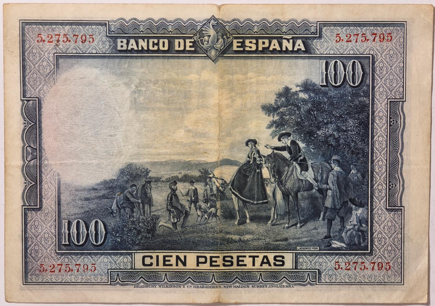 紫瑗钱币——第387期拍卖——纸币场 西班牙 1928年 中央银行 油画《唐吉坷德》 100比塞塔 AU (P-76a)