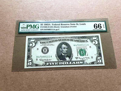 【Blue Auction】✨世界纸币精拍第498期【精】  【111豹子号】美国 1963年5美金 PMG66EPQ 
