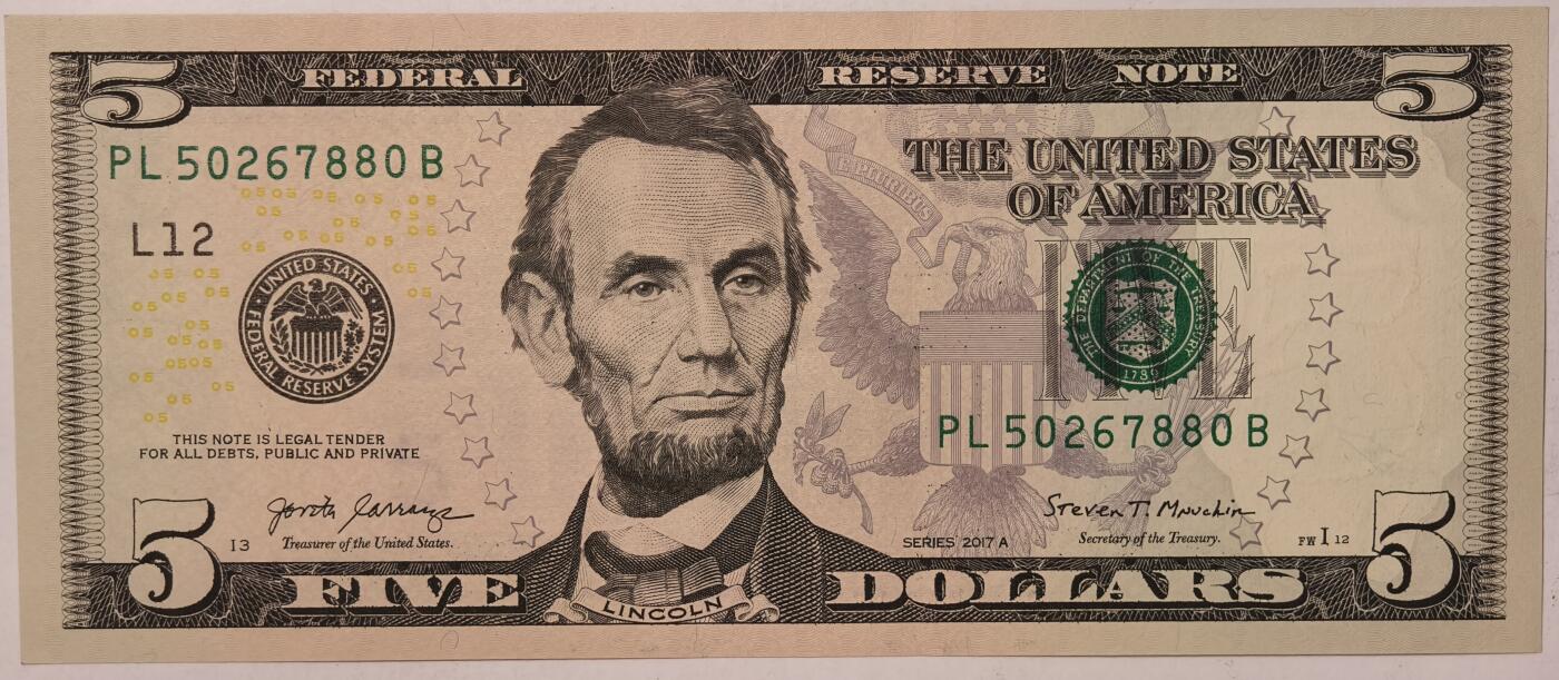 紫瑗钱币——第373期拍卖——纸币场 美国 2017年 L版 A序列 亚伯拉罕·林肯 5美元 彩色版 UNC