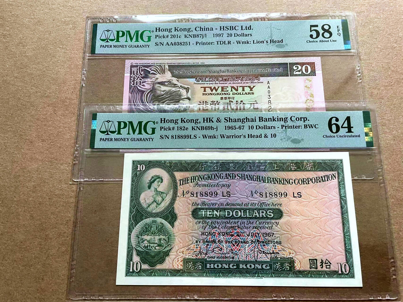 【Blue Auction】✨世界纸币精拍第498期【精】  【一组2张 倒置号/AA冠无47】香港 汇丰 1967年10元 PMG64&香港 汇丰 1997年20元 PMG58EPQ 