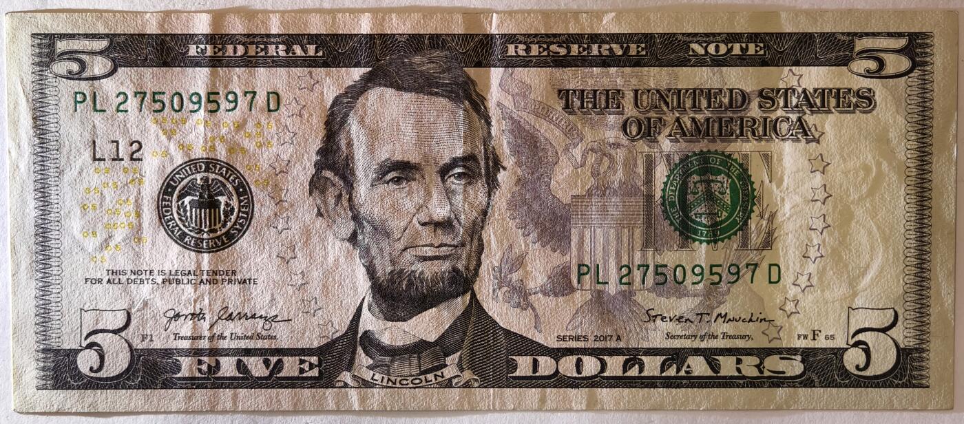 紫瑗钱币——第375期拍卖——纸币场 美国 2017年 L版 A序列 亚伯拉罕·林肯 5美元 彩色版 流通品