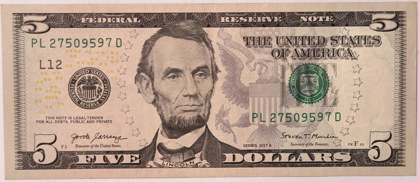 紫瑗钱币——第375期拍卖——纸币场 美国 2017年 L版 A序列 亚伯拉罕·林肯 5美元 彩色版 流通品