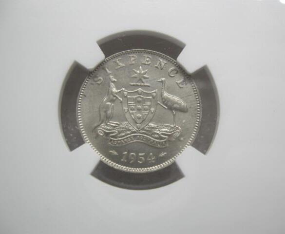 NGC-MS63英属澳大利亚1954年【无肩版】6便士银币