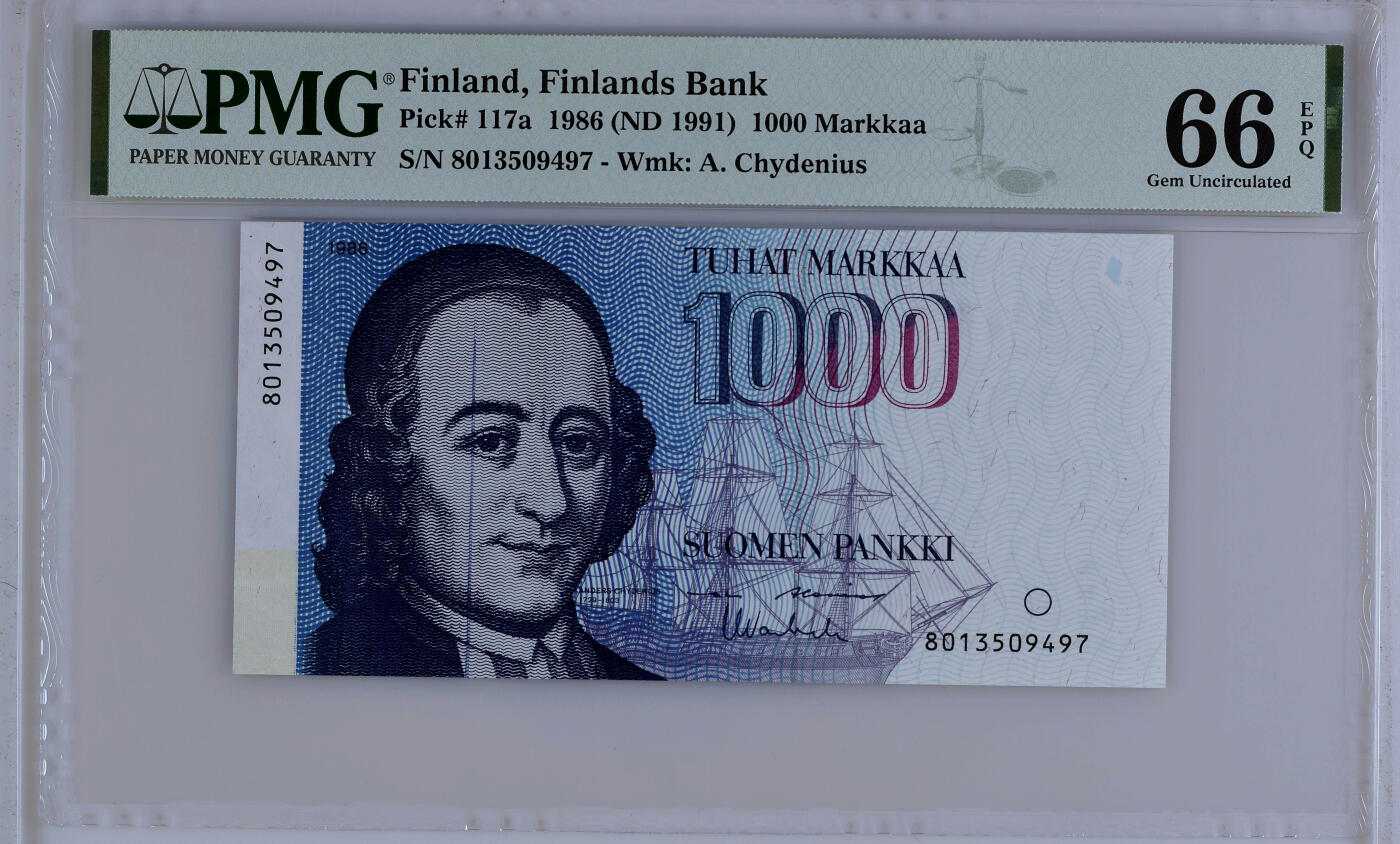 【Blue Auction】✨世界纸币精拍第498期【精】 【a版】芬兰 1986年1000马克 PMG66EPQ 
