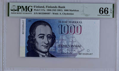 【Blue Auction】✨世界纸币精拍第498期【精】 【a版】芬兰 1986年1000马克 PMG66EPQ 