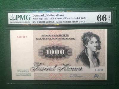 《外钞收藏家》第三百八十四期 - 1992年丹麦1000克朗 大松鼠 PMG66 无47
