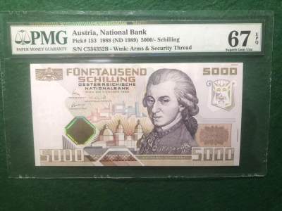 《外钞收藏家》第三百八十四期 - 1988年奥地利5000先令 PMG67 莫扎特