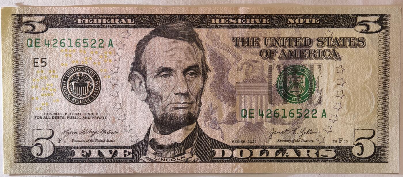紫瑗钱币——第373期拍卖——纸币场 美国 2021年 E版 无序列 亚伯拉罕·林肯 5美元 彩色版 UNC