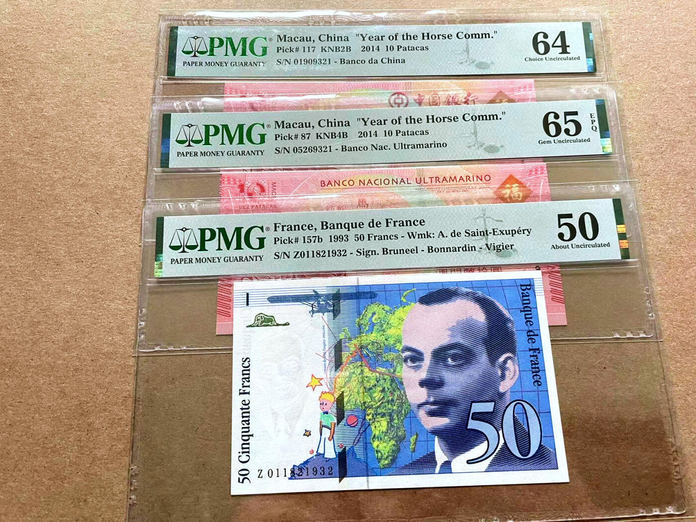 【Blue Auction】✨世界纸币精拍第498期【精】 【一组3张】澳门 生肖纪念钞 尾4同2014年10元 PMG65EPQ-PMG64&法国 1993年50法郎 小王子 无47 PMG50 