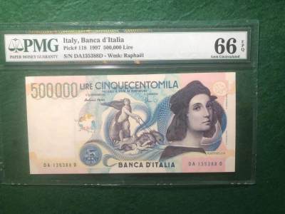 《外钞收藏家》第三百八十四期 - 1997年意大利50万里拉PMG66 无47尾88