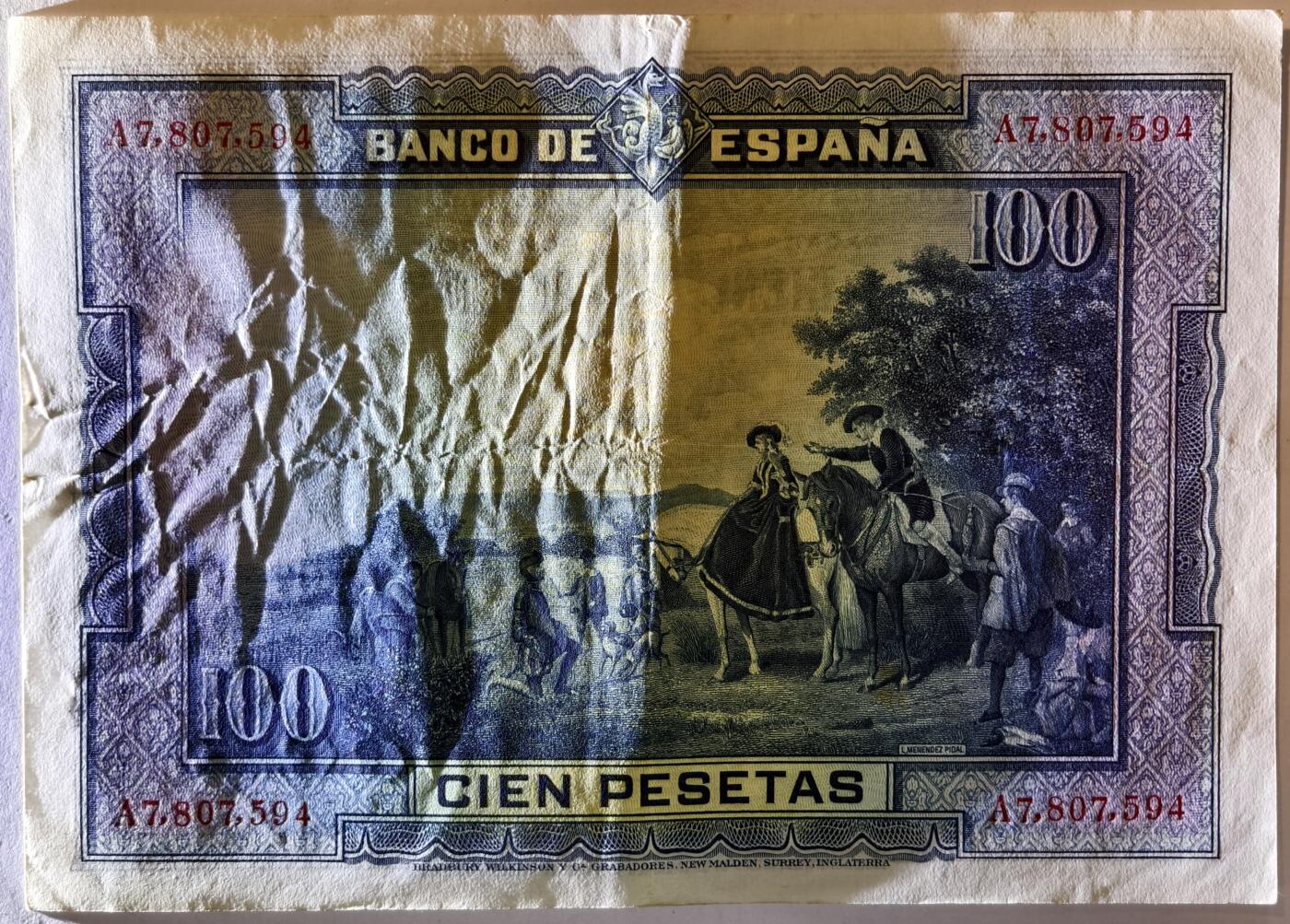 紫瑗钱币——第387期拍卖——纸币场 西班牙 1928年 中央银行 油画《唐吉坷德》 100比塞塔 流通品 (P-76a)