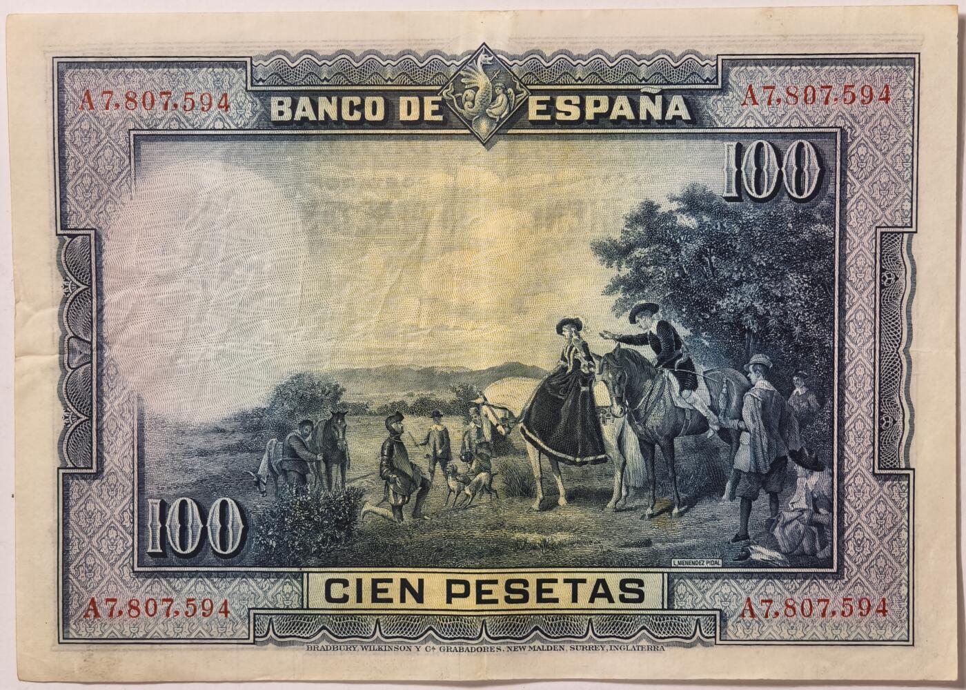紫瑗钱币——第387期拍卖——纸币场 西班牙 1928年 中央银行 油画《唐吉坷德》 100比塞塔 流通品 (P-76a)