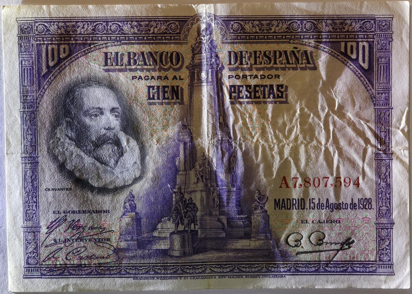 紫瑗钱币——第387期拍卖——纸币场 西班牙 1928年 中央银行 油画《唐吉坷德》 100比塞塔 流通品 (P-76a)