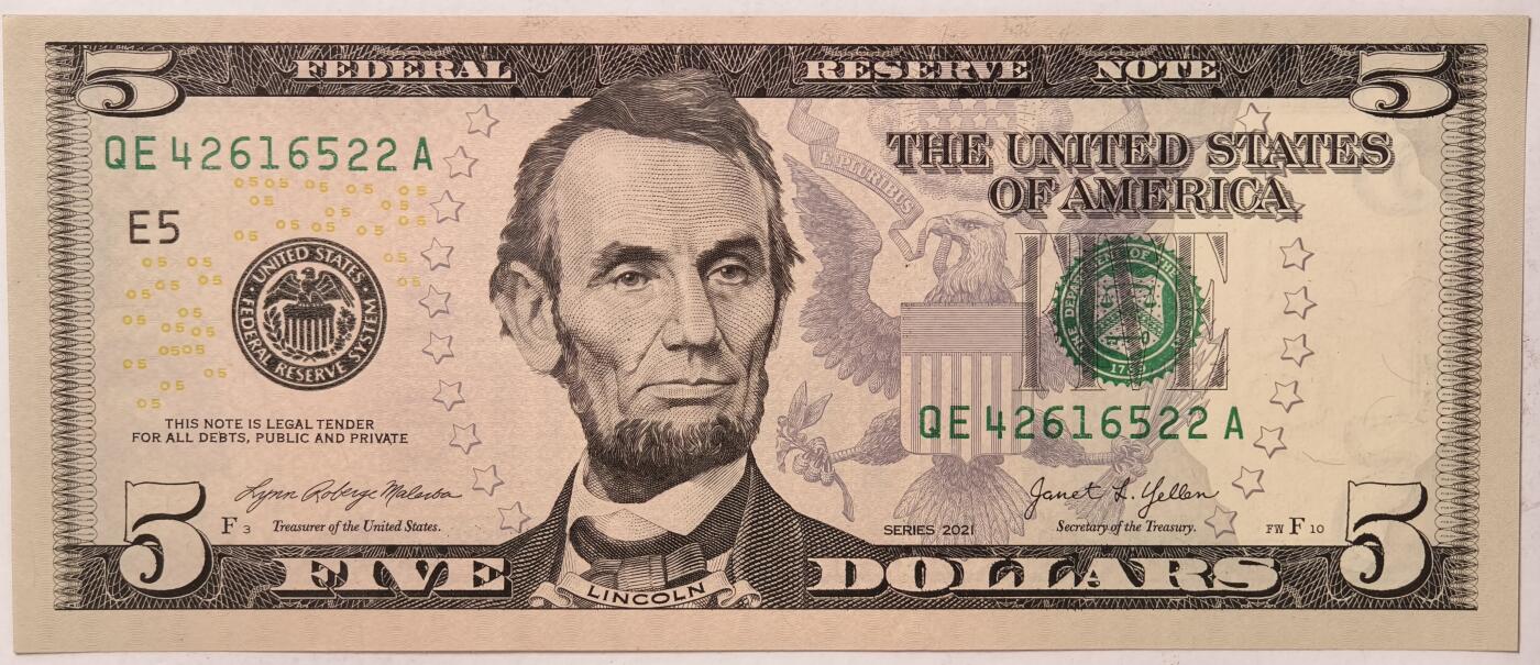 紫瑗钱币——第373期拍卖——纸币场 美国 2021年 E版 无序列 亚伯拉罕·林肯 5美元 彩色版 UNC