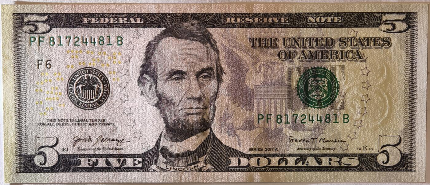 紫瑗钱币——第373期拍卖——纸币场 美国 2017年 F版 A序列 亚伯拉罕·林肯 5美元 彩色版 UNC
