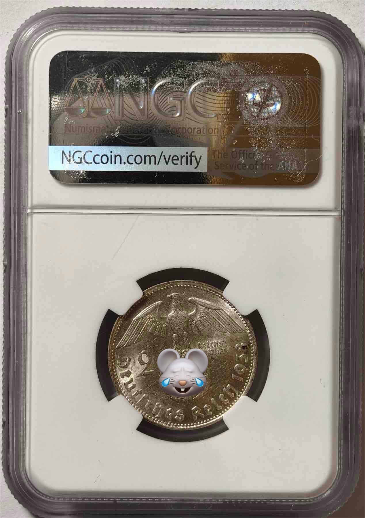 紫瑗钱币——第466期 德国 1938年 B版 兴登堡 字符版 2马克 银币 NGC MS62