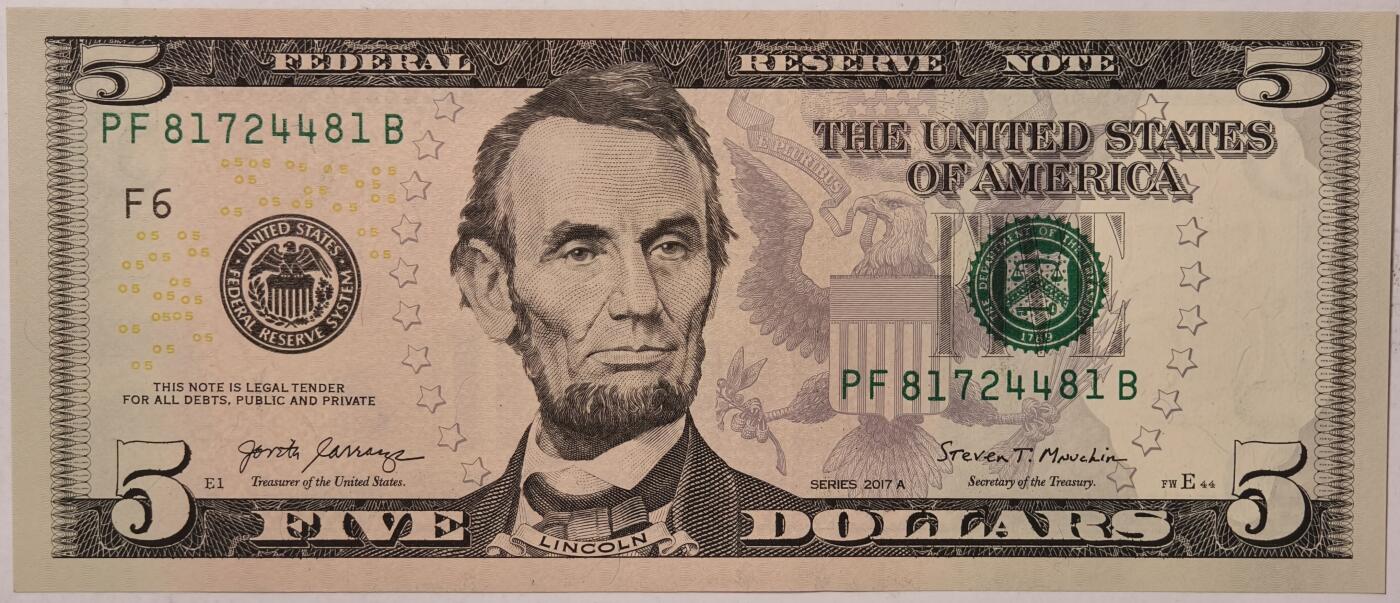 紫瑗钱币——第373期拍卖——纸币场 美国 2017年 F版 A序列 亚伯拉罕·林肯 5美元 彩色版 UNC