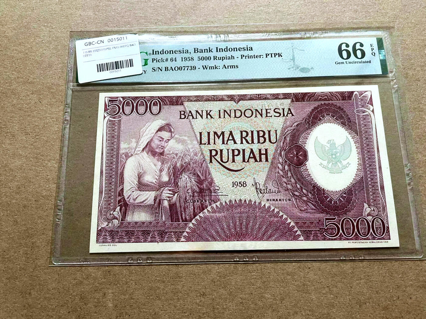 【Blue Auction】✨世界纸币精拍第498期【精】 印尼 1958年5000卢比 PMG66EPQ 