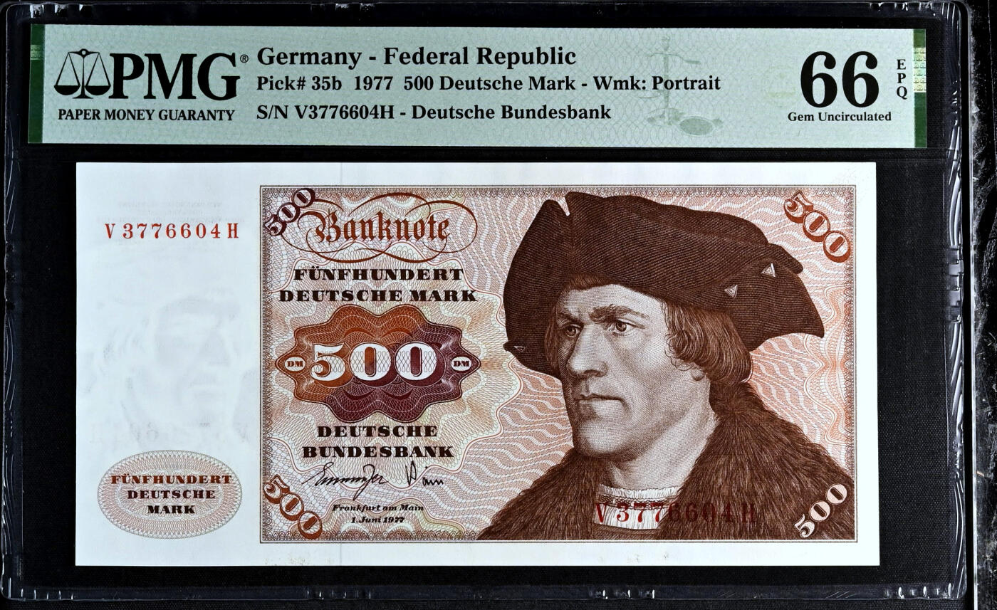 【Blue Auction】✨世界纸币精拍第498期【精】  德国 1977年500马克 经典大副 雕刻细腻 PMG66EPQ 
