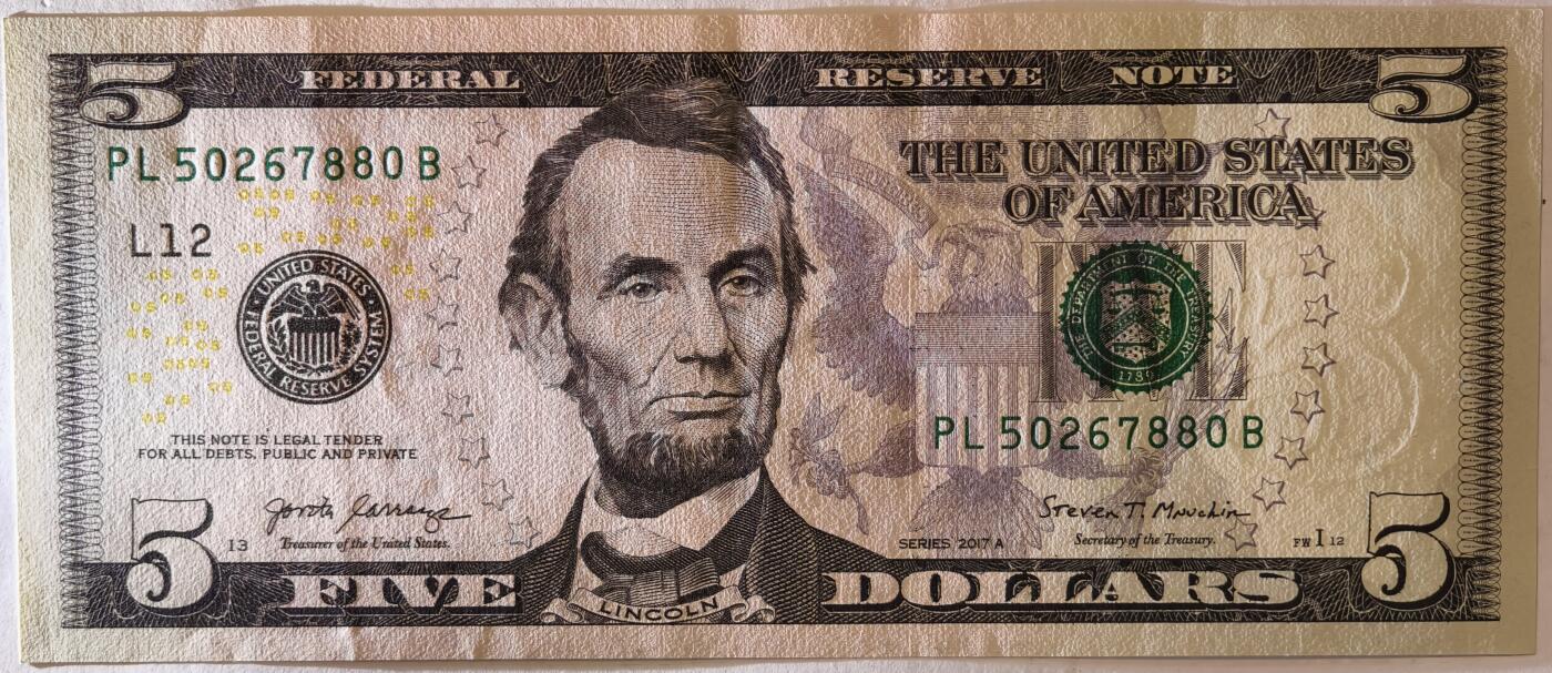 紫瑗钱币——第373期拍卖——纸币场 美国 2017年 L版 A序列 亚伯拉罕·林肯 5美元 彩色版 UNC
