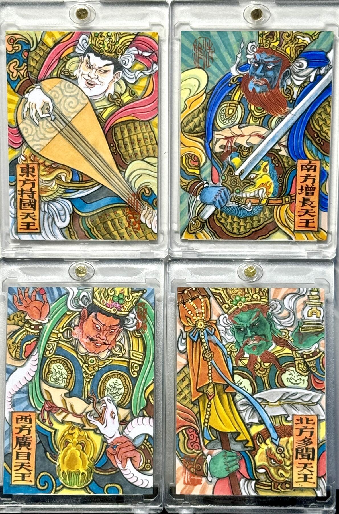 白泽拍卖卡牌专场第4期（六月精阳） 2024 卢艺丰手绘卡 四大天王背印章风调雨顺一套4张 卡砖封装