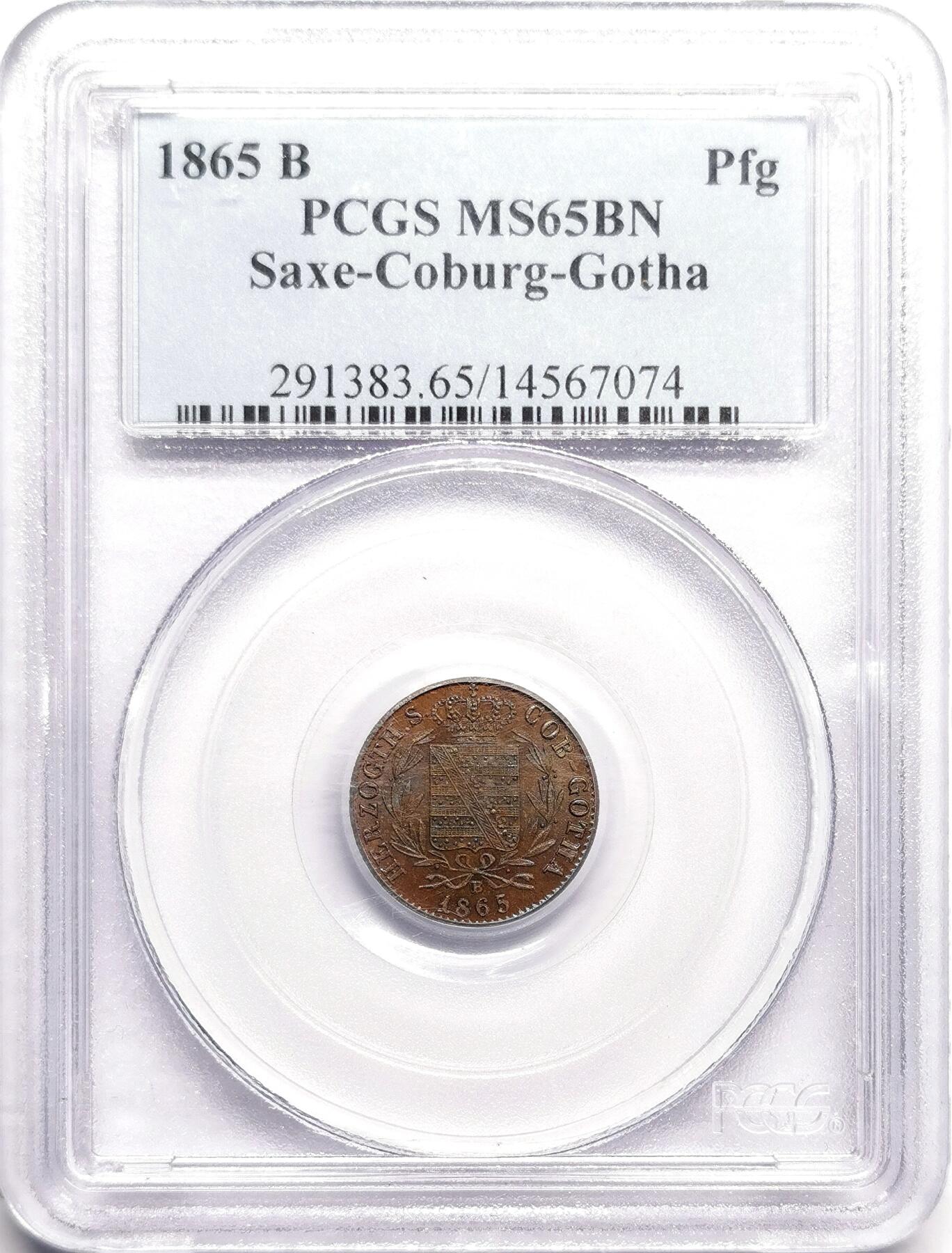凡希社世界钱币微拍第二百七十五期 1865B德国萨克森-科堡-哥达芬尼铜币PCGS-MS65