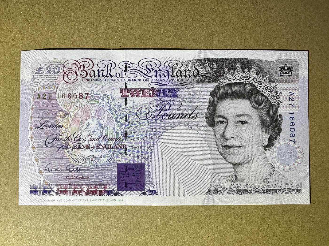 《张总收藏》156期-欧亚外币超精品场 英格兰20镑 UNC E序列 皇冠版 局部轻微荧光 无4