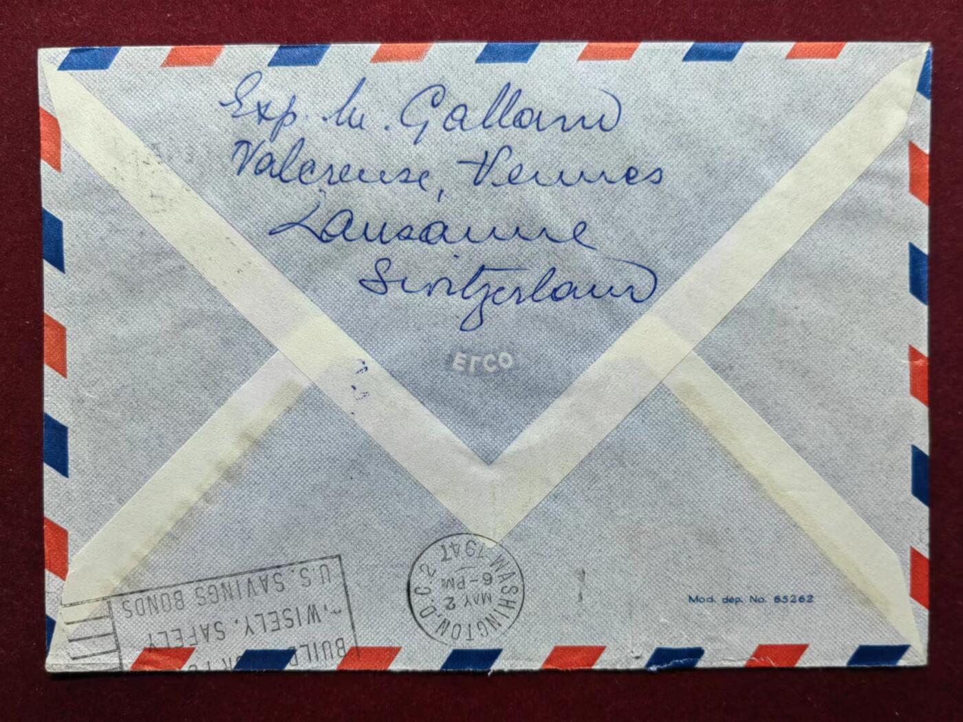 联合阁邮币社™ ——“航空、人物专题专场” 1947年 瑞士-美国 实寄航空邮封