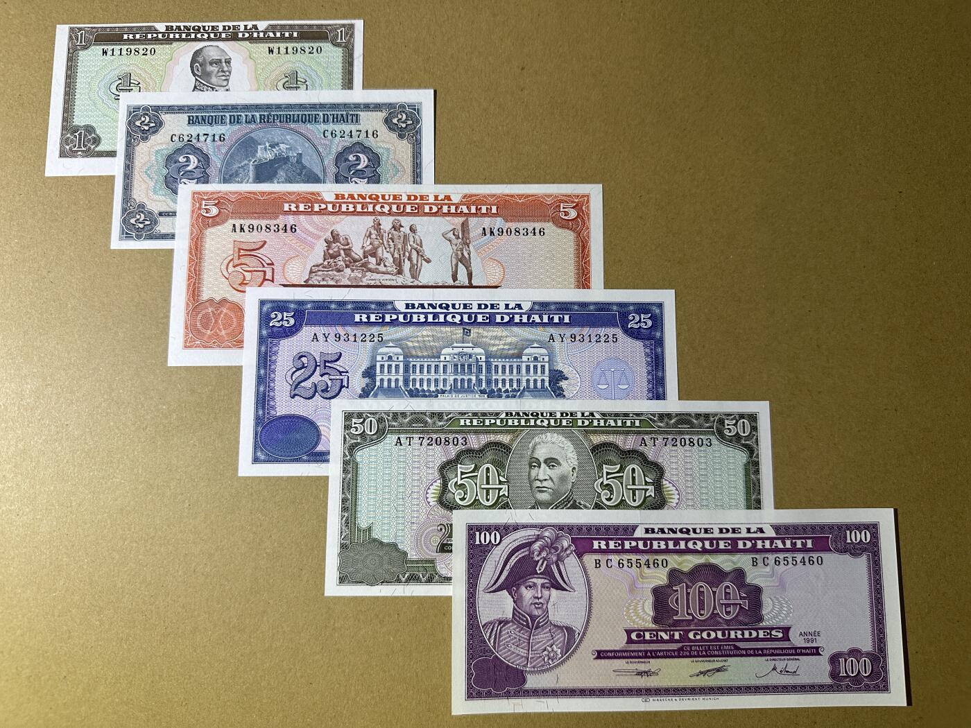《张总收藏》156期-欧亚外币超精品场 海地1、2、5、10、25、100古德6张 UNC