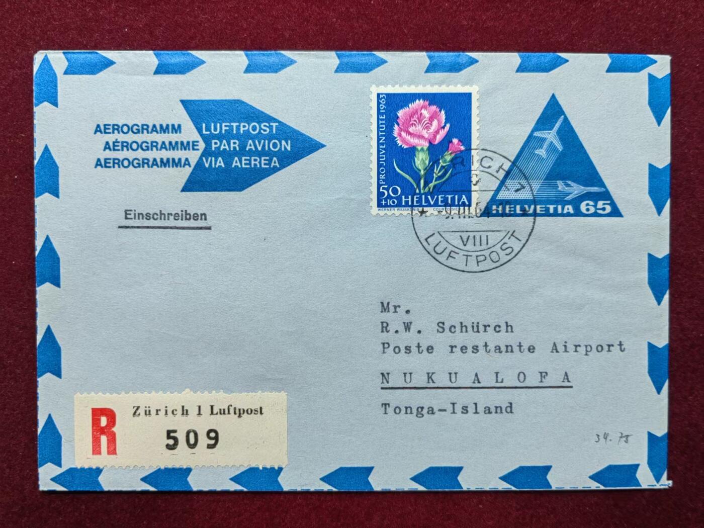 联合阁邮币社™ ——“航空、人物专题专场” 瑞士-汤加 实寄航空邮简