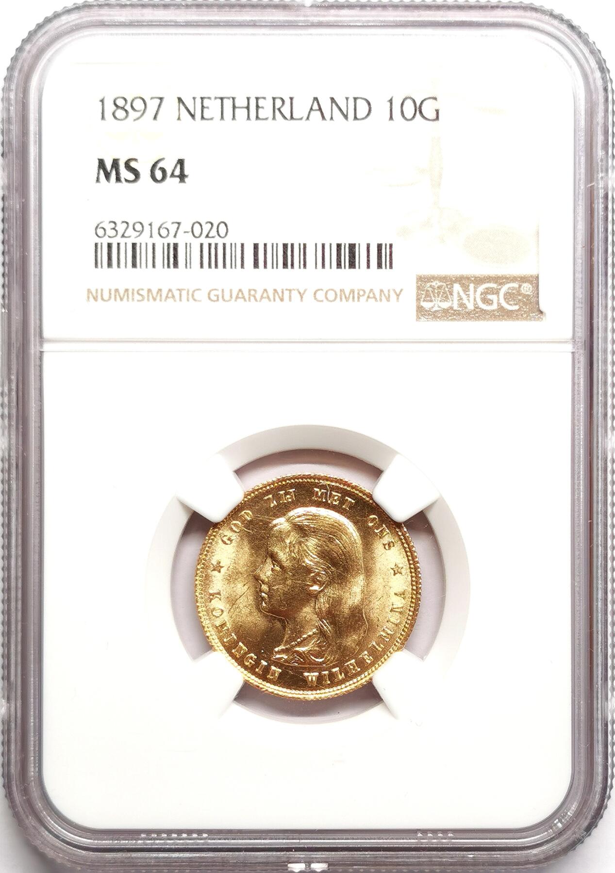 凡希社世界钱币微拍第二百七十五期 1897荷兰威廉敏娜学生头像10盾金币NGC-MS64，热门广受欢迎的品种！6.73g，900金