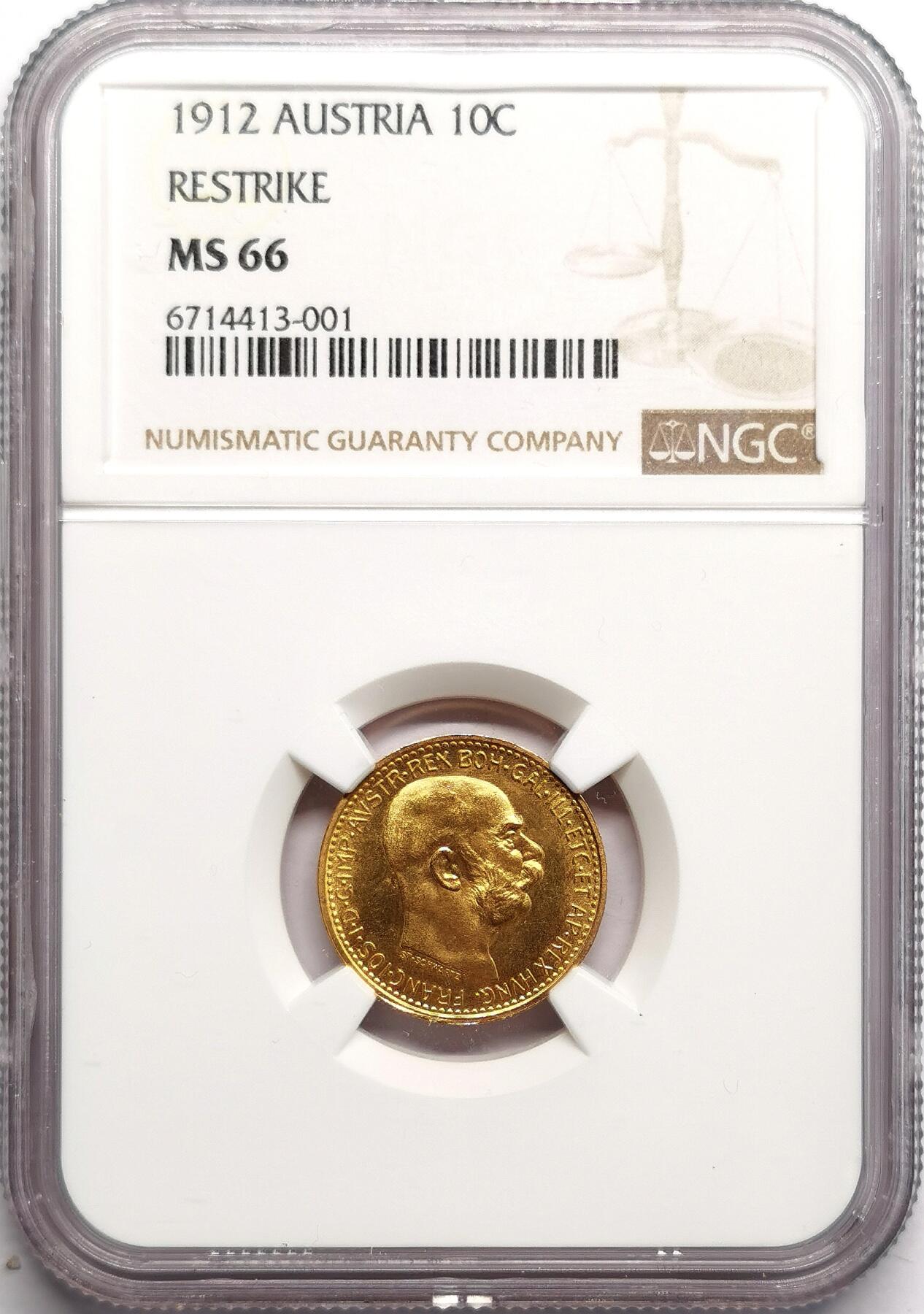 凡希社世界钱币微拍第二百七十五期 1912奥地利10科罗纳金币NGC-MS66，3.387g，.900金。