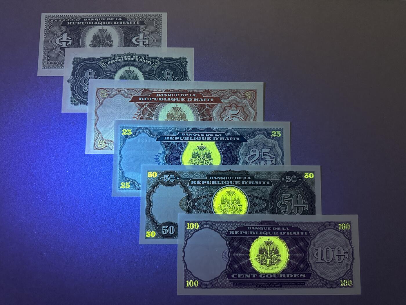 《张总收藏》156期-欧亚外币超精品场 海地1、2、5、10、25、100古德6张 UNC