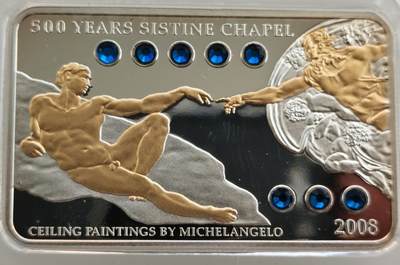 外国银币大银币月末专场20240630（中拍皆有赠品），全场包邮（西藏、新疆、港澳台及海外邮费另议），周一统一发货 - 全网少见（发行量5000枚）库克2008年世界名画创世纪（米开朗基罗）镀金镶嵌宝石长方形大银币,25克，同题材基本都是500多