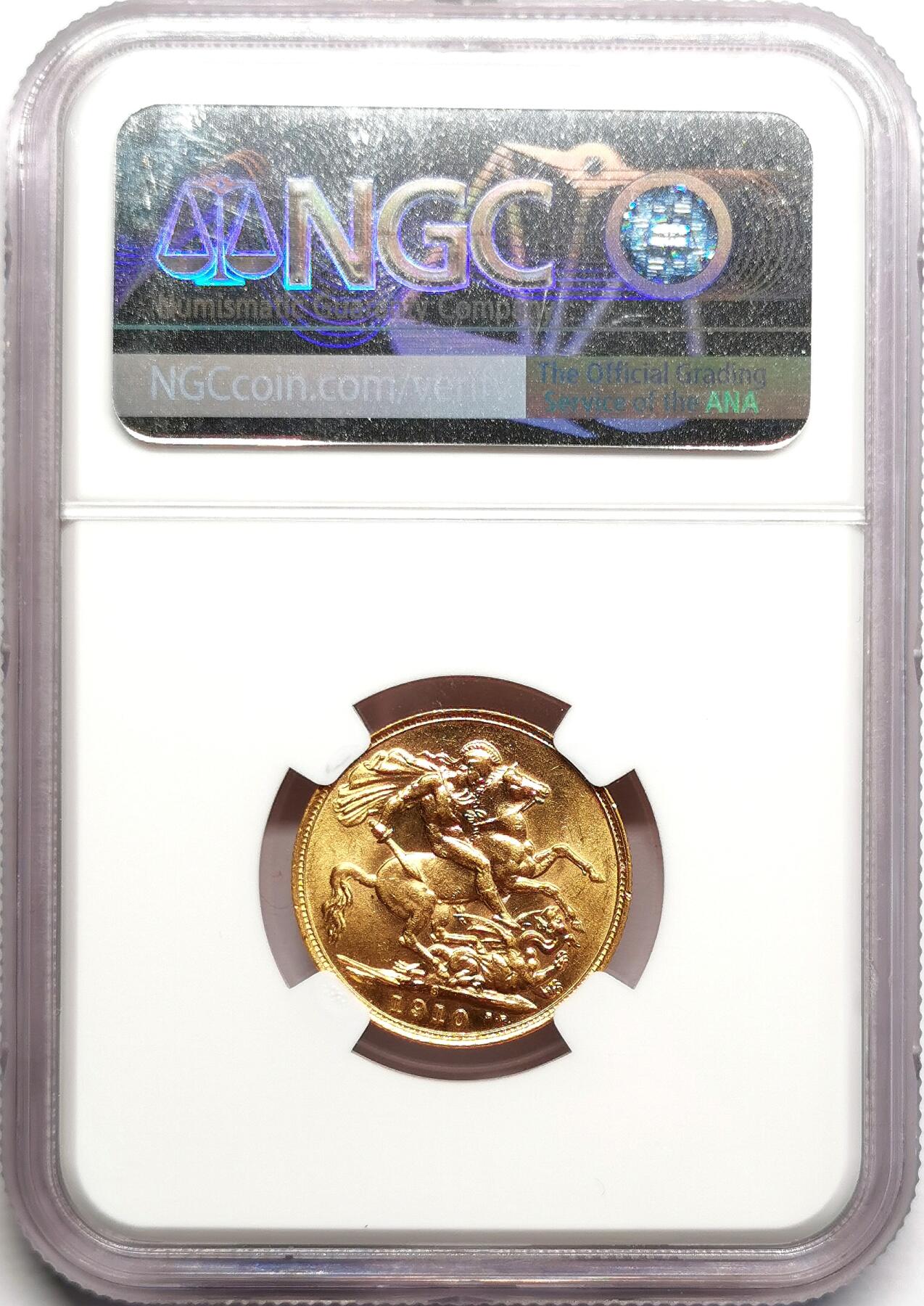 凡希社世界钱币微拍第二百七十五期 1910S英属澳大利亚爱七索维林金币NGC-MS62悉尼厂！7.988g，917金。