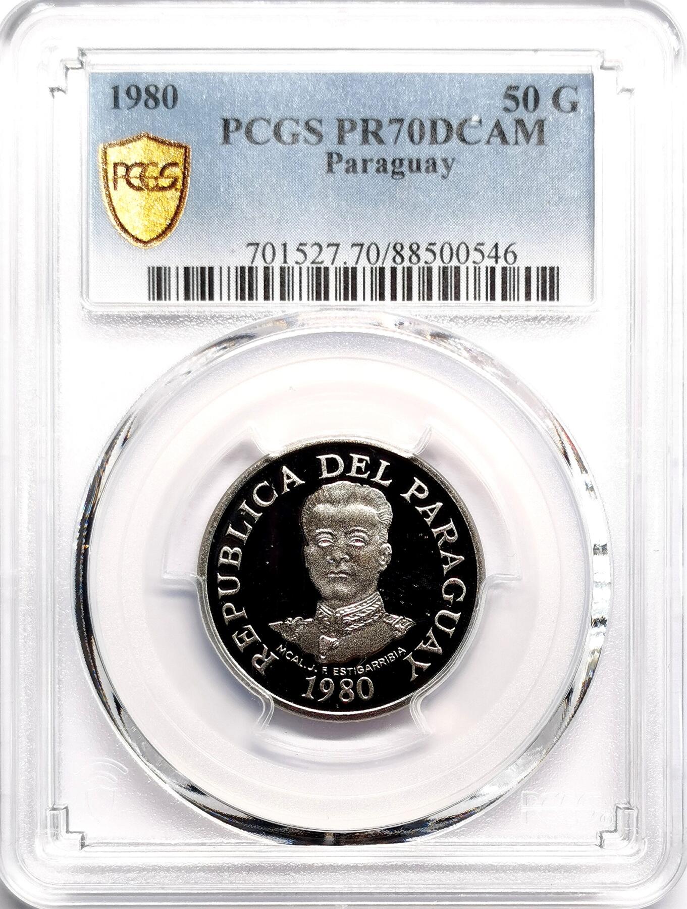 凡希社世界钱币微拍第二百七十五期 1980巴拉圭元帅埃斯蒂加里维亚50G纪念币精铸PCGS-PR70DCAM