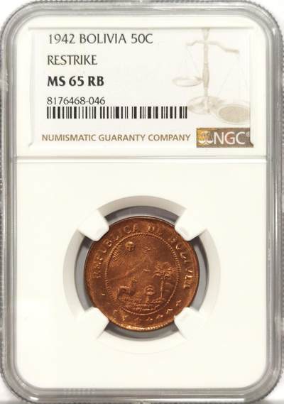 博洋堂世界钱币拍卖第139期（全场包邮） - NGC MS65RB 玻利维亚1942年50分红铜币，经典草泥马