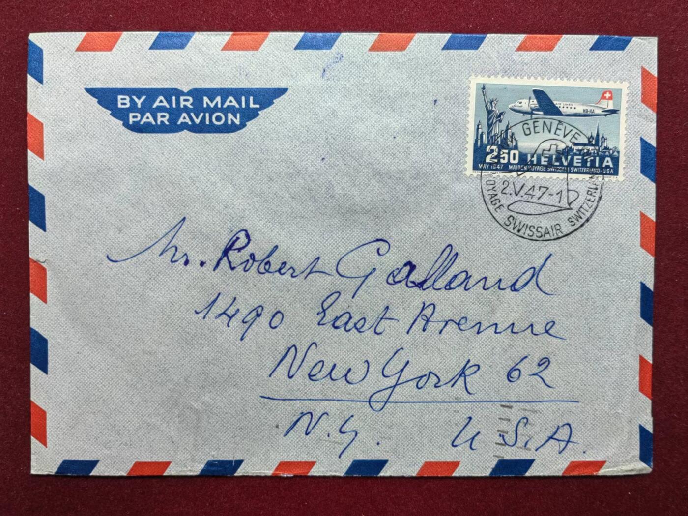 联合阁邮币社™ ——“航空、人物专题专场” 1947年 瑞士-美国 实寄航空邮封