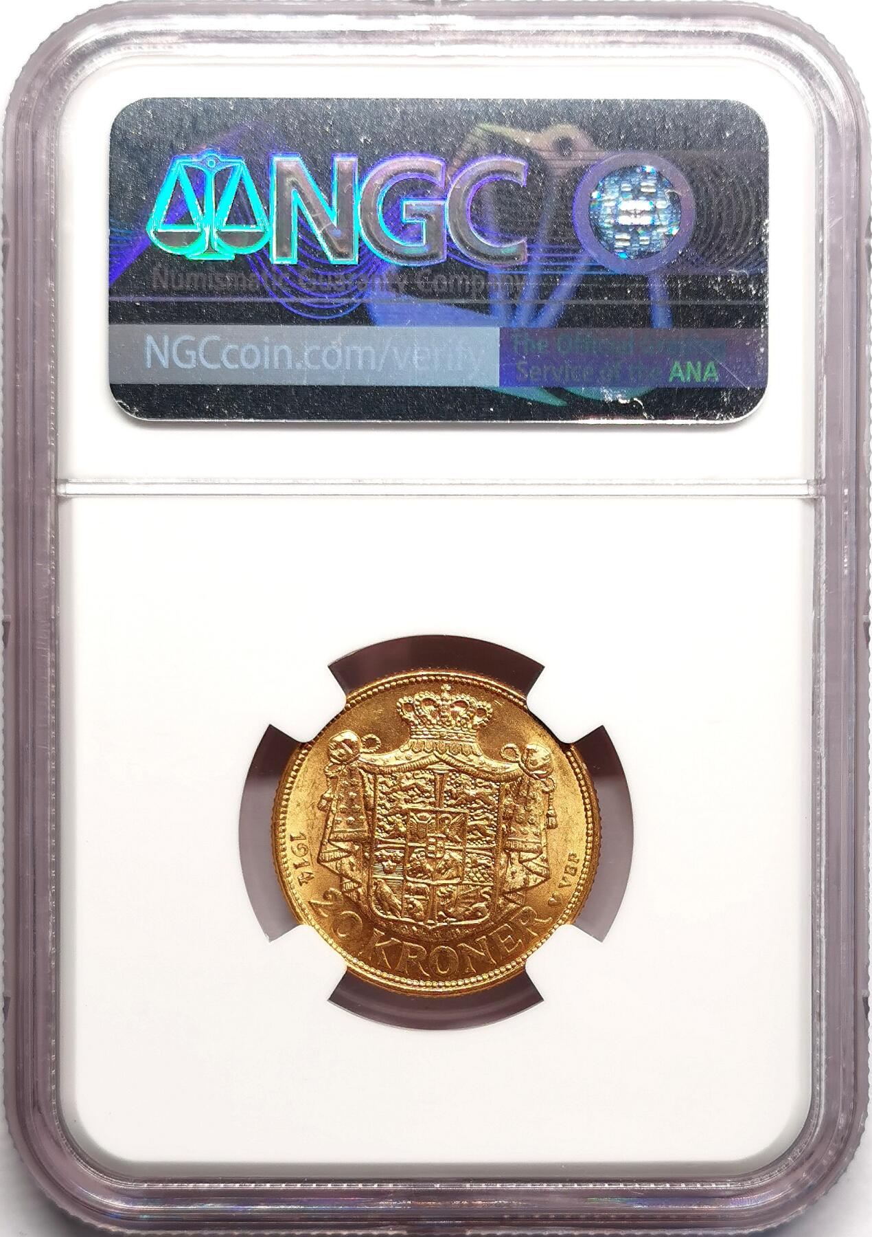 凡希社世界钱币微拍第二百七十五期 1914丹麦克里斯蒂安十世20克朗金币NGC-MS64，8.96g，900金。