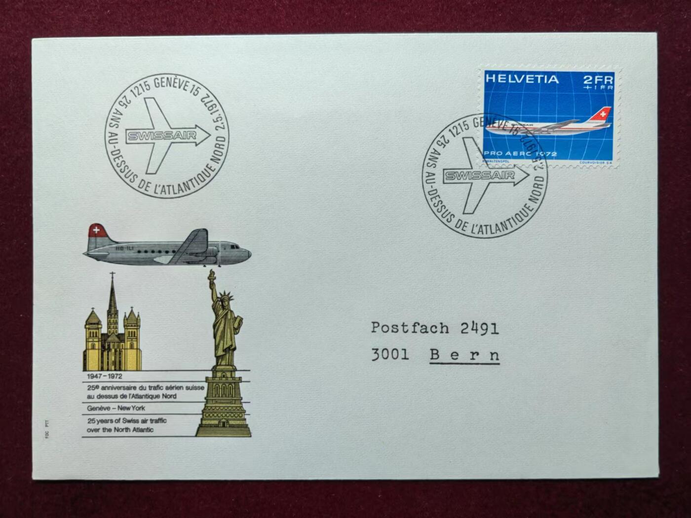 联合阁邮币社™ ——“航空、人物专题专场” 1972瑞士空中交通25周年-日内瓦-纽约